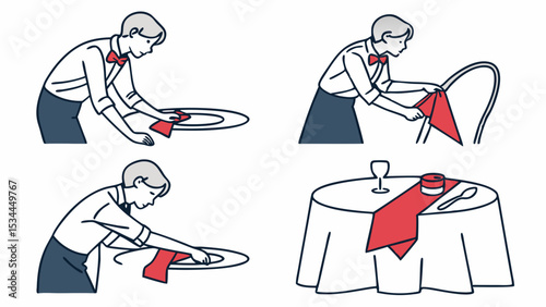 Professional restaurant waiter cleaning plate and chair setting table with red cloth hospitality service illustration