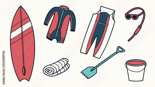 Colorful flat vector illustration of beach and water sports gear including surfboard wetsuits towel shovel bucket sunglasses