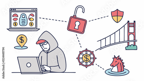 Simple flat illustration hacker cyber attack digital security threat data breach financial crime golden gate bridge