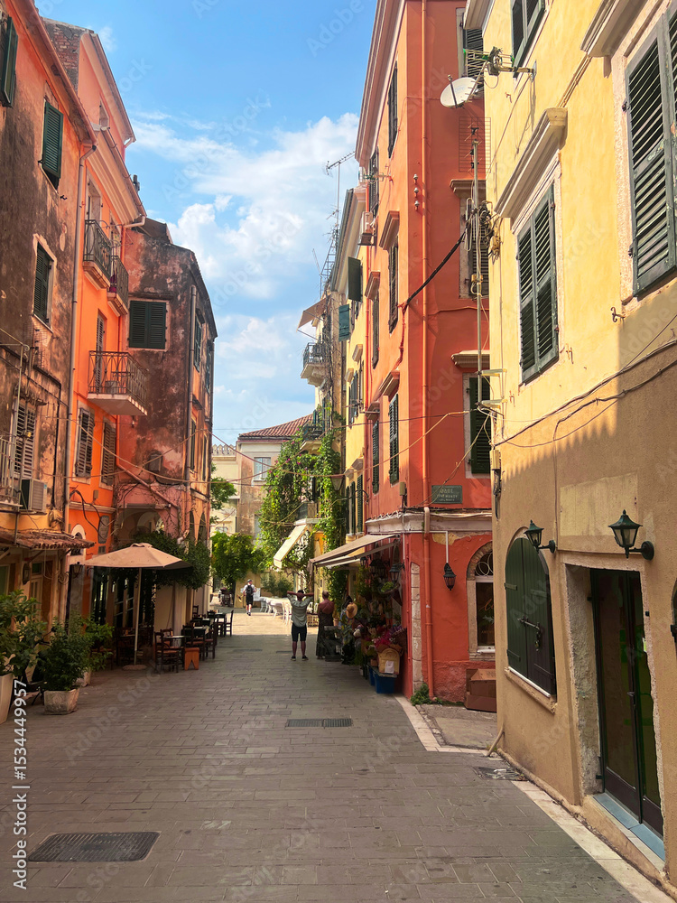 Fototapeta premium Beautiful street, buildings, parks, windows architecture in city of Corfu, Greece