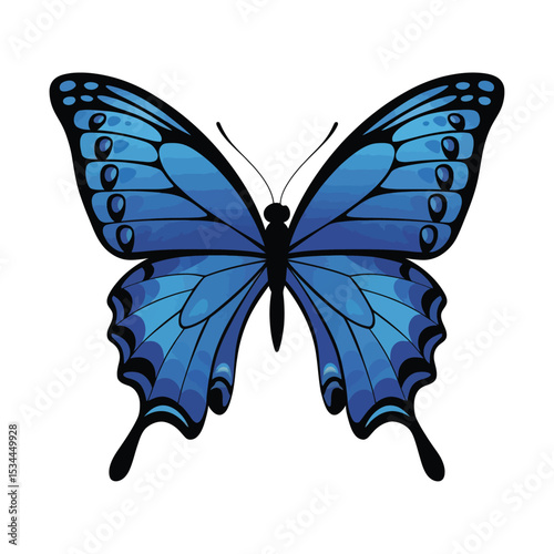 A vibrant blue butterfly with intricately designed wings featuring gradient shades of blue and black accents