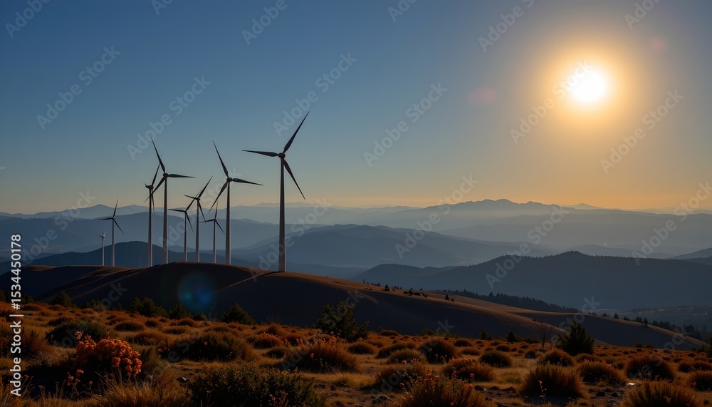 Obraz premium an expansive wind farm against the backdrop of a clear sky. the solar panels are arranged in rows, with a central pathway leading towards them