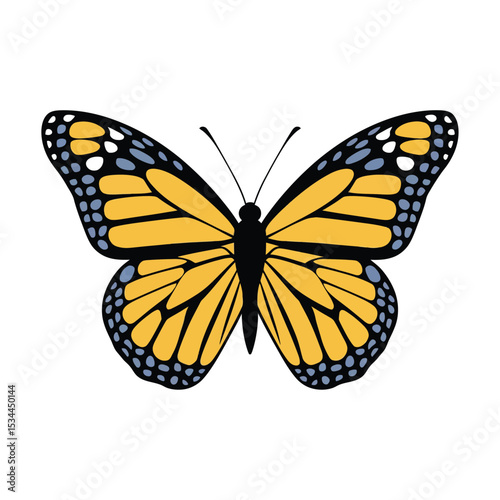 A vibrant butterfly with striking yellow wings, outlined in black. The wings are adorned with blue and white oval-shaped markings, giving a dynamic and lively feel. The butterfly's delicate antennae a