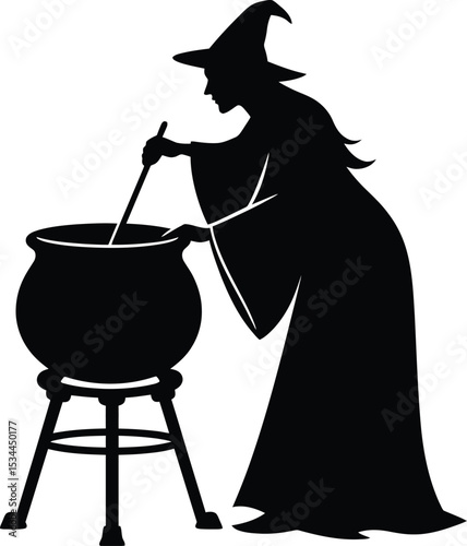 Silhouette of a Witch Stirring a Cauldron Halloween Illustration