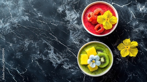 Vibrant Smoothie Bowls, Delightful Fusion of Raspberry and Mango Kiwi