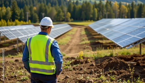 in this image, we see a person wearing a high visibility yellow vest standing in front of an array of solar panels under clear skies