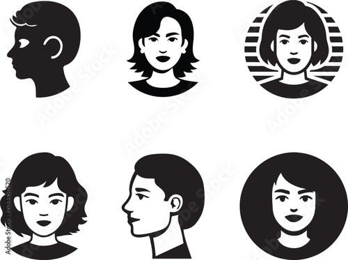Diverse People Head Illustrations in Black Silhouette Style vector icons.