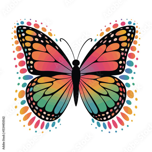 Create a vibrant, symmetrical butterfly with colorful wings that transition from bright pink and purple at the top to green and blue at the bottom. The butterfly's wings are intricately detailed with 