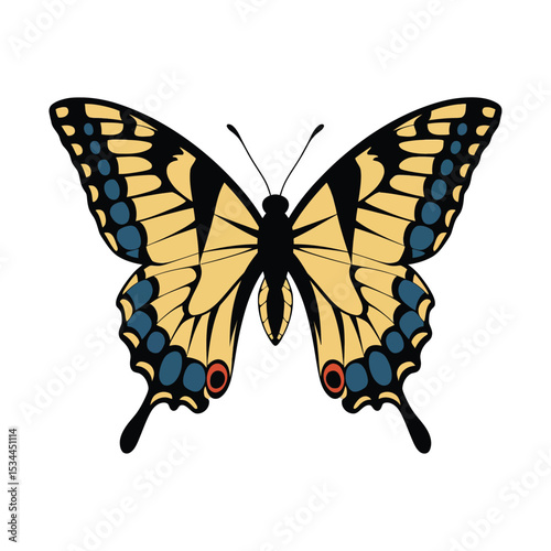 A vibrant butterfly with striking yellow wings, outlined in black. The wings are adorned with blue and white oval-shaped markings, giving a dynamic and lively feel. The butterfly's delicate antennae a