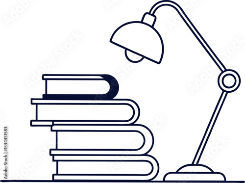 Stack of Books and Lamp Line Artwork