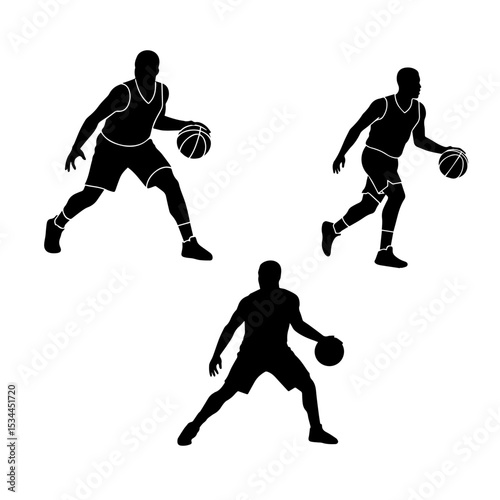 Basketball Player Poses Silhouette Vector Set – Sports Action Collection, Athlete Icon, Slam Dunk, Dribble Art