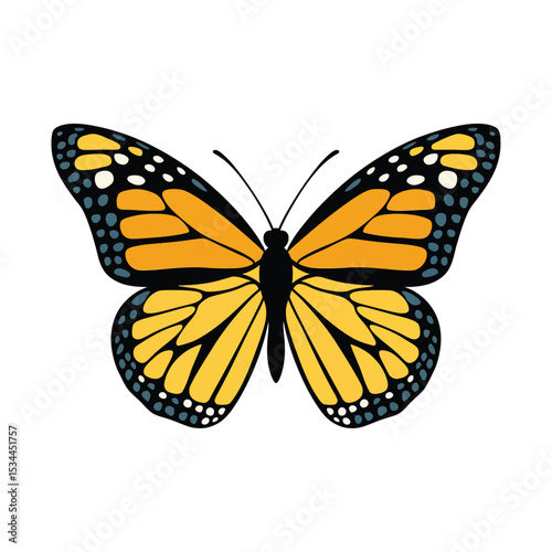 A vibrant butterfly with striking yellow wings, outlined in black. The wings are adorned with blue and white oval-shaped markings, giving a dynamic and lively feel. The butterfly's delicate antennae a