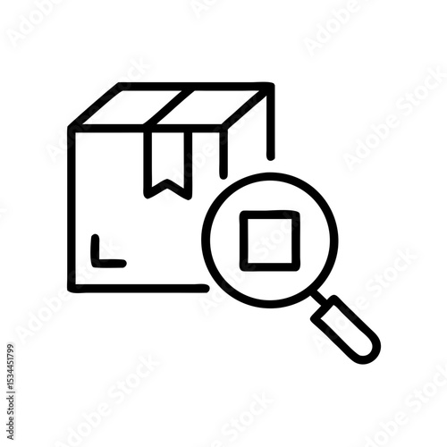 Package tracking icon with magnifying glass on delivery box  