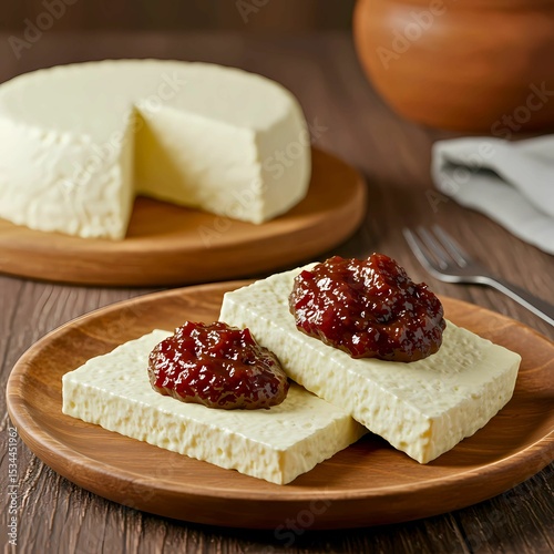 Brazilian Romeo and Juliet dessert with white cheese (queijo Minas) and guava paste (goiabada) on a rustic wooden plate, traditional Minas Gerais pairing, natural light, soft focus - 1 - generative ai