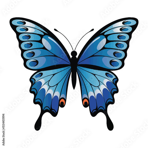 A vibrant blue butterfly with intricately designed wings featuring gradient shades of blue and black accents