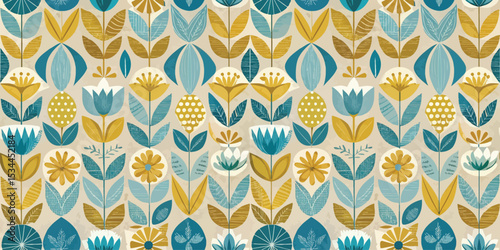 Colorful floral pattern with teal and mustard tones, ideal for vintage design projects.