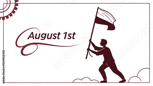 Patriotic Gesture An illustration of a silhouette figure waving a flag proudly, set against the backdrop of August 1st, creating a sense of national pride and commemorative spirit.