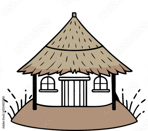 Cottage with Thatched Roof Line Art