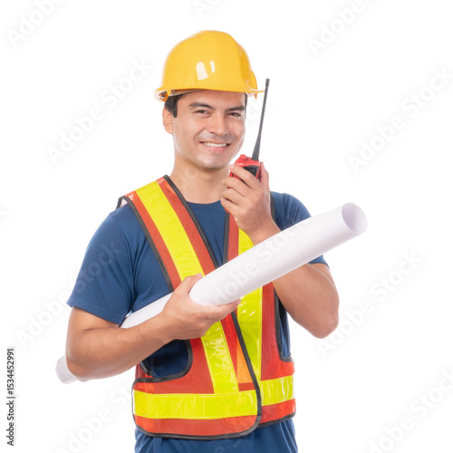 male construction worker wearing safety helmet reflective vest holding rolled blueprint , walkie-talkie, professional engineer or foreman communicating at work site isolated on transparent background