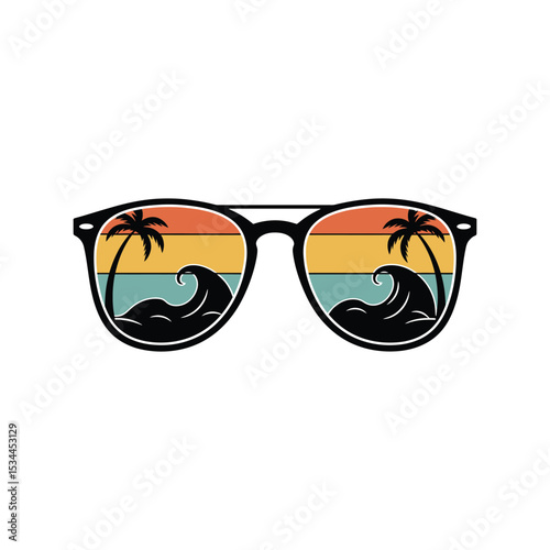 Good Vibes Only Summer T-Shirt Design Vector – Retro Sunglass, Palm Tree, Sunset, Wave, Beach Vacation Art