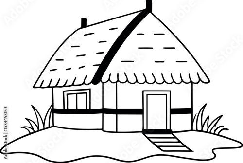 Minimal Thatched Cottage Line Artwork