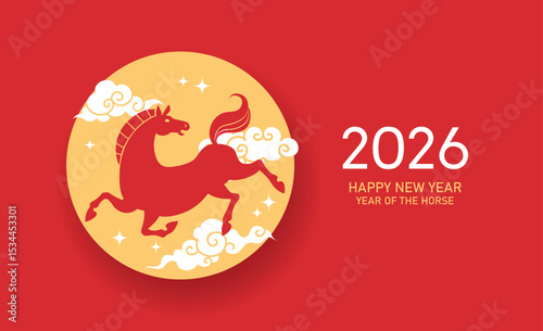 Chinese new year of the horse minimalist banner vector. Lunar new year 2026 greeting card with zodiac horse on background with auspicious clouds.