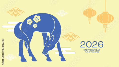 Minimalist card in paper cutting style cny 2026. Chinese new year of the horse, or lunar new year 2026 greeting card with stylized zodiac horse on background with hanging lanterns decorations.