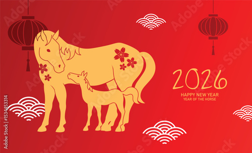 Mother mare and baby foal greeting card. Chinese new year of the horse, or lunar new year 2026 banner with zodiac horses family silhouettes on hanging lanterns background.