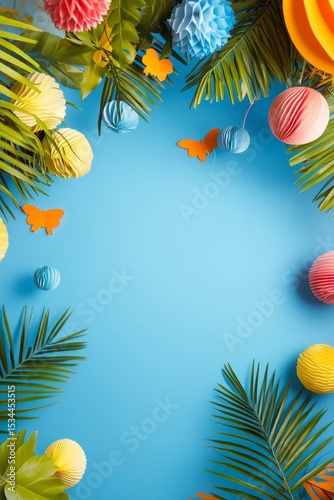Colorful Tropical Decorations With Paper Ornaments and Butterflies Arranged on a Bright Blue Background for a Summer Celebration or Party