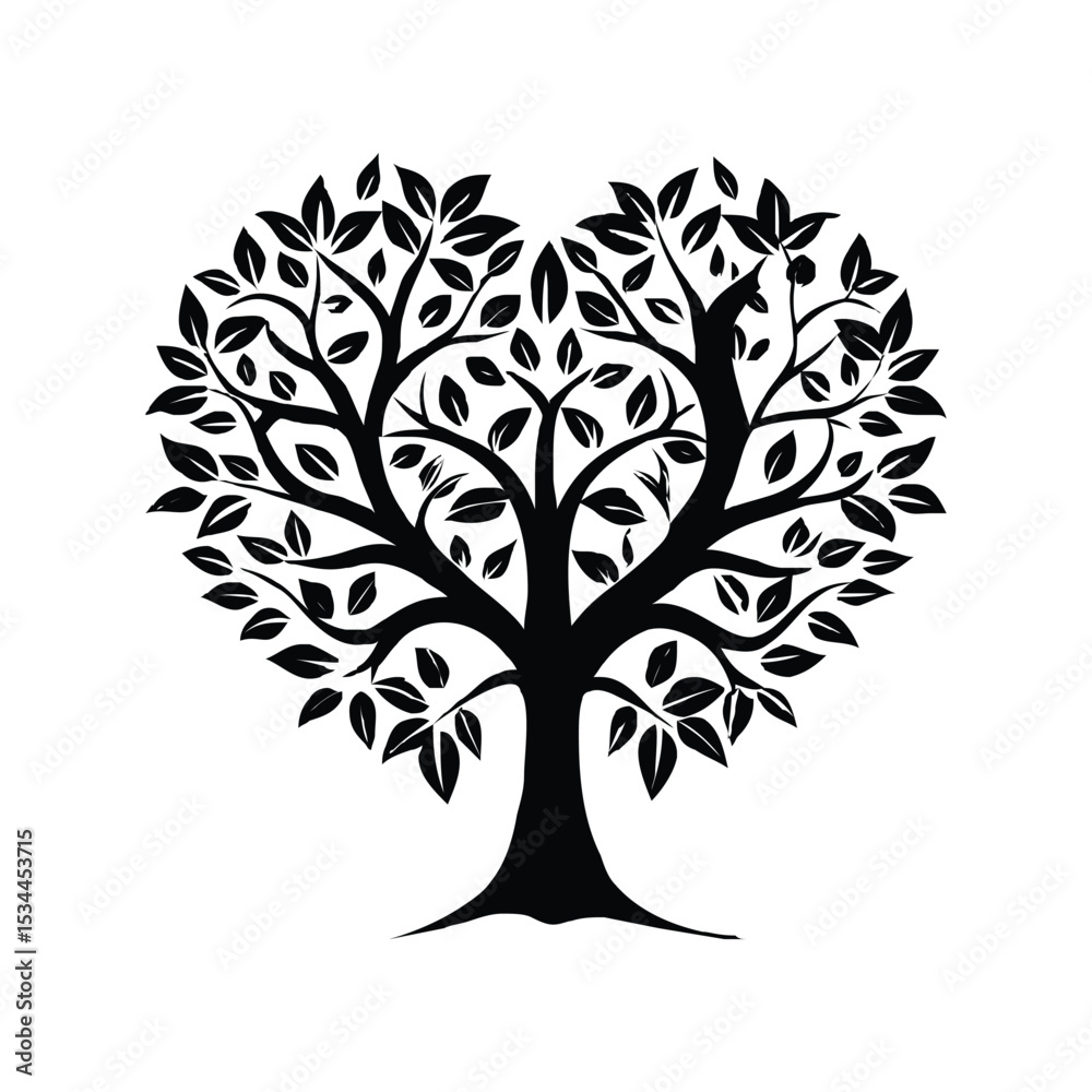 Fototapeta premium Heart-Shaped Tree Silhouette Vector Illustration – Romantic Nature Symbol, Love Plant Icon, Botanical Art