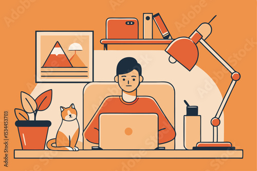 Home office workspace, person working on laptop with cat and plant, cozy interior, orange color scheme, remote work concept, vector illustration of freelance lifestyle.