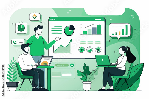 Teamwork business workshop, people analyzing graphs on large screen with icons, green color palette, office collaboration, project planning, vector illustration of corporate strategy.