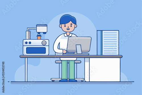 Lab workspace, scientist working on laptop with research equipment, blue color scheme, scientific research, innovation concept, vector illustration of laboratory activity.