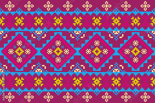 Cross stitch pattern concept showcasing traditional ethnic geometric pattern, Design for textile, background,carpet,wallpaper,clothing,wrapping,Batik,fabric,Vector illustration	

