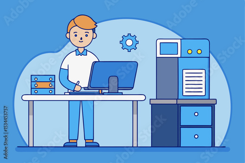 Industrial office workspace, person working on laptop with machinery, blue color theme, professional activity, work routine, vector illustration of corporate job.