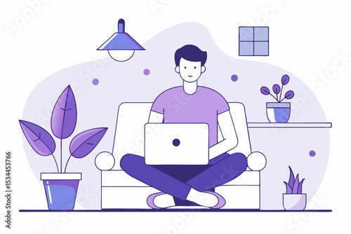 Home office comfort, person working on laptop with sofa and plants, purple color scheme, remote work lifestyle, cozy workspace, vector illustration of freelance routine.