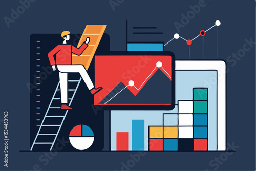 Business growth strategy, person climbing ladder on rising graph, dark blue color scheme, corporate progress, project achievement, vector illustration of professional ambition.