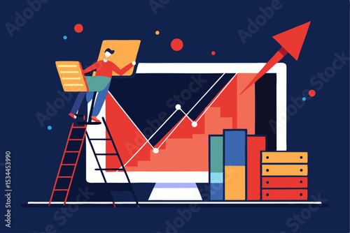 Business trend analysis, person managing growth on graph with ladder and rocket, dark blue color palette, corporate strategy, project innovation, vector illustration of professional insight.
