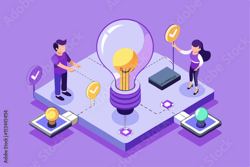 Isometric Innovation Network, Team Collaborating on Idea Bulb with Checkmarks, Purple Color Scheme, Creative Project, Corporate Collaboration, Vector Illustration of Business Creativity.