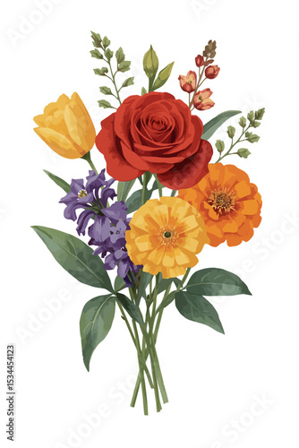 Vibrant floral bouquet featuring roses, zinnias, tulips and hyacinth blossoms arranged in a charming spring design.