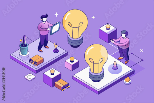 Isometric Creative Development, Team Building Idea Bulbs on Platforms, Purple Color Theme, Corporate Innovation, Project Growth, Vector Illustration of Business Ideation.