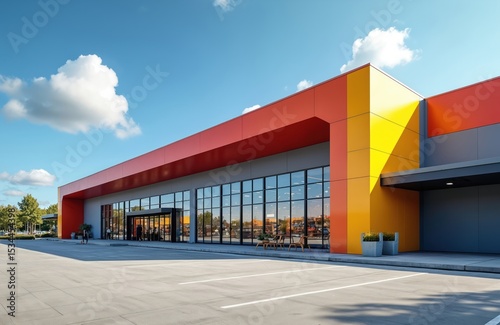 Modern supermarket building exterior on sunny day. Vibrant colors, inviting architecture, commercial facade with glass windows, parking lot. Clear blue sky background. Shopping destination. photo