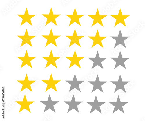 star rating stars, Ratings and review icon, 5-star review, 4-star review, 3-star review, 2-star review, 1 star review.