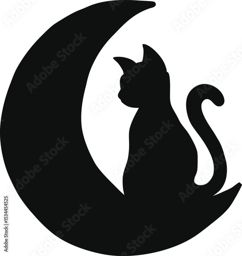 Black Cat Silhouette Sitting on Crescent Moon Mystical Night Illustration
