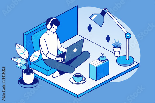 Isometric Remote Workspace, Person Focusing on Laptop at Home, Blue Color Scheme, Remote Work Lifestyle, Project Productivity, Vector Illustration of Freelance Routine.