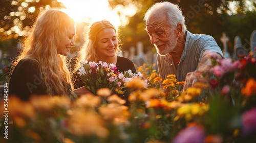 Grandchild, daughter, & grandfather at grave, placing flowers. Golden hour sunlight