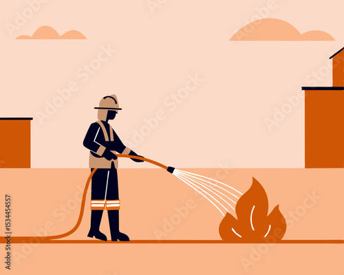 Firefighter Extinguishing Fire with Water Hose in Protective Uniform - Action Rescue Scene Semi-Flat Vector Illustration Isolated White