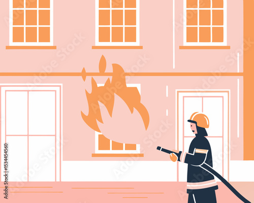 Firefighter Extinguishing Fire with Water Hose in Protective Uniform - Action Rescue Scene Semi-Flat Vector Illustration Isolated White