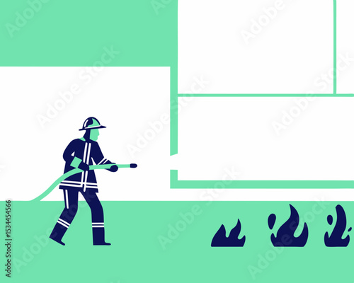 Firefighter Extinguishing Fire with Water Hose in Protective Uniform - Action Rescue Scene Semi-Flat Vector Illustration Isolated White