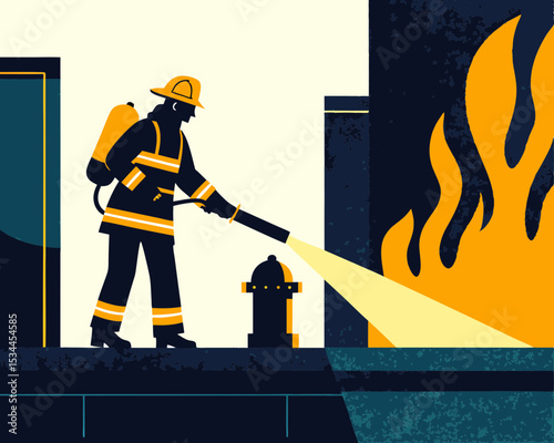 Firefighter Extinguishing Fire with Water Hose in Protective Uniform - Action Rescue Scene Semi-Flat Vector Illustration Isolated White